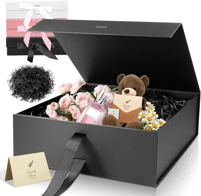 Productafbeelding van Zwarte Luxe Grote Magnetische Geschenkdoos - 32,5 * 23 * 10,5 cm met Lint - Papier en Wenskaarten. Feestgunstdoos Voor Bruiloften