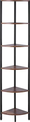 Image de Étagère d'angle à 6 niveaux, support d'angle haut avec éclairage LED, étagères murales, rangement de rangement avec cadre métallique et étagères en bois, étagère étroite pour livres pour chambre à coucher, salon, bureau