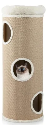 Immagine prodotto di Albero per gatti, diametro 40 cm, altezza 103 cm, a 3 piani, con piattaforma imbottita, 2 pannelli di sisal, 3 ingressi, rifugio per gatti, colore marrone chiaro e bianco