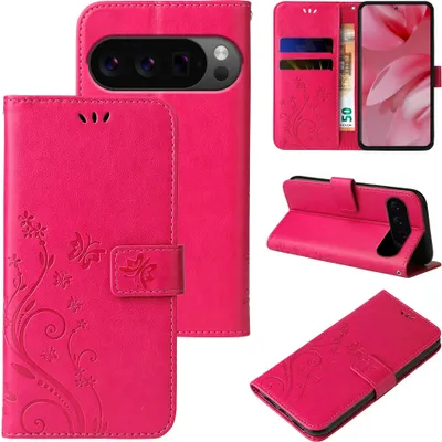 Produktbild von Handyhülle für Google Pixel 10 Pro Floral Blumen Schmetterling Flip Cover Hülle Case Klapphülle Handytasche Farbe: Pink