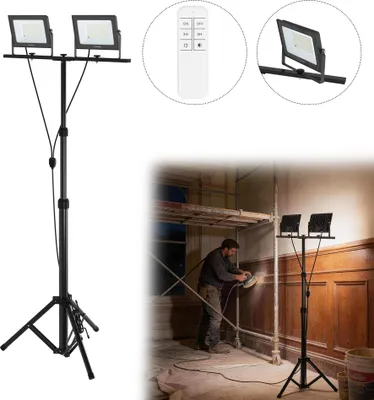 Image de Spot LED LARS360 2×100W, lampe d'atelier, éclairage de chantier, éclairage de studio, intensité réglable, orientation flexible, trépied réglable en hauteur, télécommande