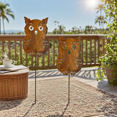 Productafbeelding van Twee-delige tuindecoratie, uilenornament met roesteffect voor de tuin, metalen tuindecoratie, geschikt voor het decoreren van tuin- en balkonpotten.