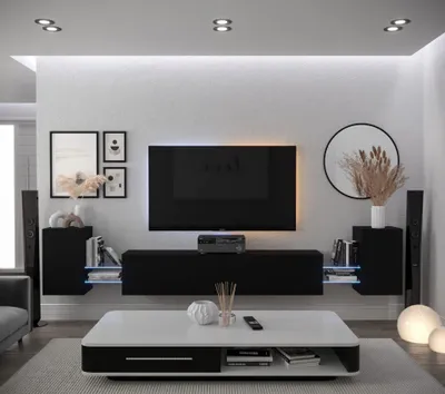 Produktbild von Furnitech Wohnwand Wohnzimmer - Wohnzimmer Möbel mit LED Weiß - Hängend Wohnwand Modern - Wohnzimmer Schrankwand mit Regale und TV Schrank (AN103-21B-M4-1A)