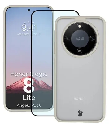 Produktbild von Schutzhülle + gehärtetem Glas für Honor Magic8 Lite, Bizon Angelo Pack, Semitransparent mit beigem Rahmen