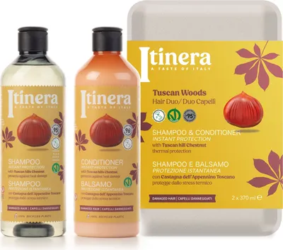 Produktbild von ITINERA Geschenkset: Spülung + Shampoo für strapaziertes Haar mit Kastanien von den Hügeln der Toskana, 2x370ml