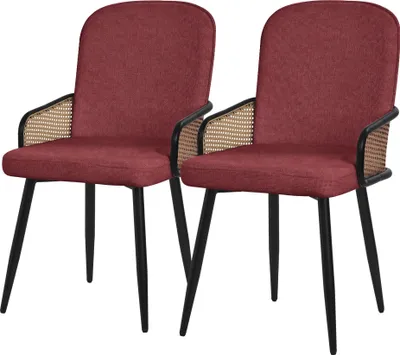 Immagine prodotto di ML-Design set di 2 sedie da pranzo in tessuto rosso con braccioli in rattan Sedie imbottite con gambe in metallo Poltrona ergonomica