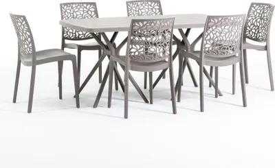 Immagine prodotto di Set da pranzo da esterno con tavolo rettangolare 158x84 cm e 6 sedie impilabili in resina rinforzata con fibra di vetro – design moderno e colorato, ideale per giardino, terrazza e veranda – OLIVER+ANNA – Tortora/Tortora