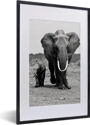 Produktbild von MuchoWow® MuchoWow® Gerahmtes Poster Elefant - Kind - Schwarz - Weiß 40x60 cm - Poster mit zchwarzem Bilderrahmen - Poster in Rahmen
