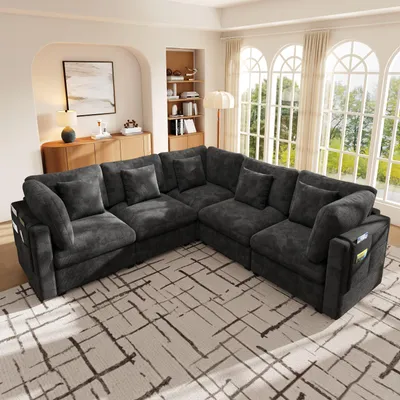Zdjęcie produktu dla Sofa narożne Merax w kształcie litery L, modułowe, 5-osobowe, z 3 kieszeniami po bokach podłokietników, 5 poduszek, kieszenie boczne, możliwość elastycznego ustawienia, materiał: chenille, kolor: szary