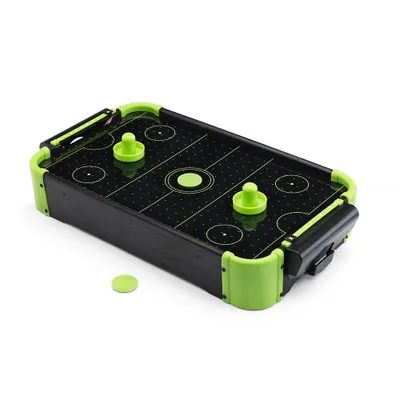 A mini air hockey table with neon green accents and pucks, shown on a white background.