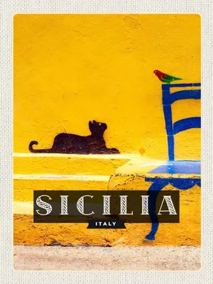 Image de vianmo Panneau en bois 40x30 cm Sizilien Italien malerisches Bild Katze