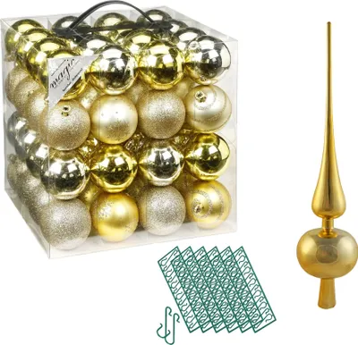Produktbild von JACK 64x Kunststoff Christbaumkugeln Ø 6cm + Spitze 28cm inkl. Aufhänger Dekor Kugeln Set Weiß Rot Gold Grün Blau Silber, Farbe:Gold