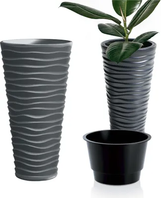 Produktbild von Blumentopf mit Einsatz Blumenkübel Slim Rund Welle Pflanzgefäß Übertopf Rillen