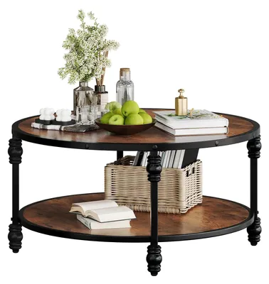 Produktbild von Rustikaler Couchtisch - runder Wohnzimmertisch - 2 Ebenen mit offener Ablage - MDF Tischplatte, Metallgestell - Ø 72 cm - braun