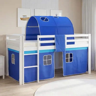 Produktbild von Homestyle4u Hochbett 90x200 Kinder mit Rutsche mit Lattenrost mit Tunnel Vorhang Blau Junge Kinderbett Weiß Jugendbett Spielbett mit Rausfallschutz
