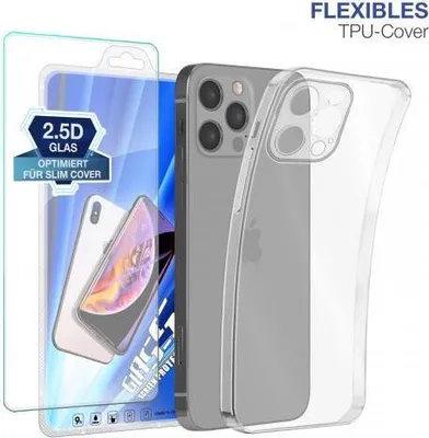 Produktbild von Slim Cover für Apple iPhone 12 Pro mit 9H Displayglas Displayschutz Hülle Transparent Flexibel Elastisch Backcover Schutzhülle Handyhülle