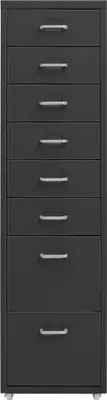 A tall, narrow filing cabinet with seven drawers and silver handles, shown against a light gray background.