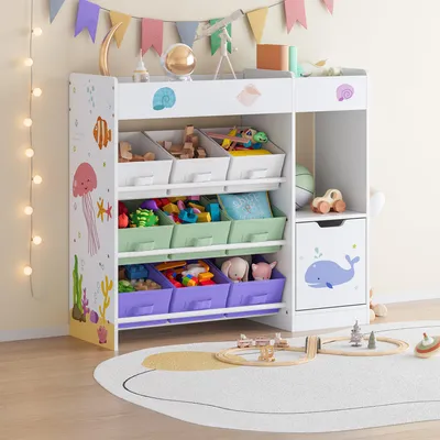 Produktbild von Kinderregal ‘Søndreland’ mit einer Schranktür und 9 Faltboxen Obere Ablage 80 x 90 x 30 cm mit Aqua Dream Motiv