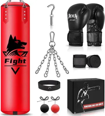 Produktbild von Famanu Boxsack Set 120 cm Ungefüllt - Inklusive Boxhandschuhe und Zubehör für Erwachsene