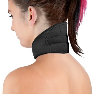 A woman wearing a black neck brace.