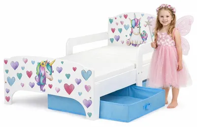 Produktbild von Bayagu Kinderbett 140x70cm Weiß Matratze Schublade Rausfallschutz Einhorn