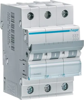 A three-pole circuit breaker with a gray lever and a blue stripe.