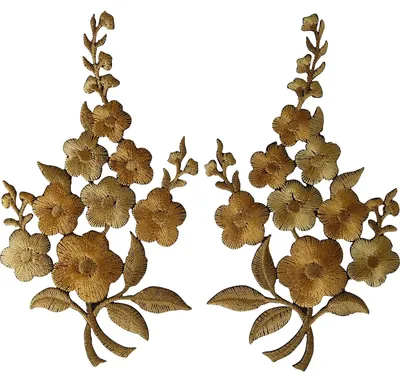 2 goldene Blumen-Patches, Bügel-/Nähversion, bestickt, 7,1 x 12 cm