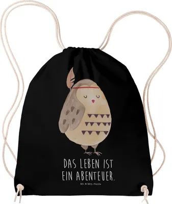 Produktbild von Mr. & Mrs. Panda Stoffrucksack Eule Federschmuck - Schwarz - Geschenk, beutelrucksack, Beutel, Owl, Jutebeutel, wander rucksack, gymnastiktasche, Turnbeutel, mutig
