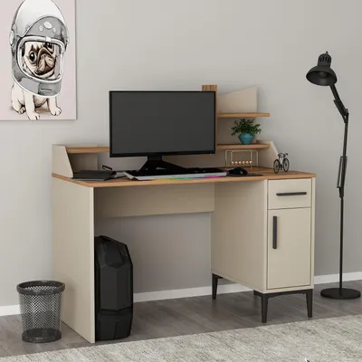 Produktbild von HOMIDEA ZETA Schreibtisch mit Regalen – Moderner Computertisch und Schminktisch für Homeoffice, Arbeitszimmer und Jugendzimmer (Eiche/Beige)