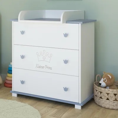 Produktbild von Wickelkommode Kommode Wickeltisch mit Wickelaufsatz mit 3 Schubladen und Kleiner Prinz Gravur in weiss blau Junge  Europe