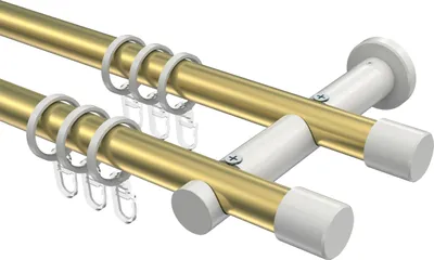 Produktbild von Interdeco Gardinenstange / Vorhangstange Messing-Optik / Weiß, Typ Platon Santo (Kappe), 20 mm Ø 2-läufig, 120 cm