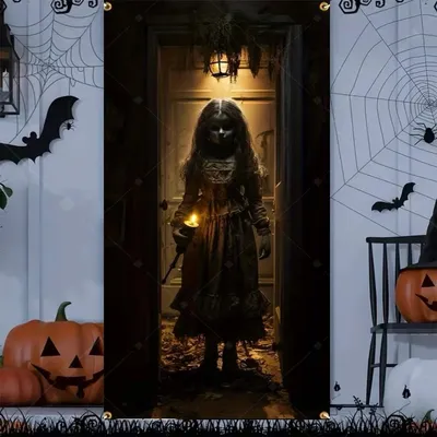 Produktbild von Halloween Türbanner Grusel Skelett Sensenmann Geist Horror Haustür Dekoration Wanddeko Hintergrund - Modell: Variante 7, Größe: 90 x 180 cm