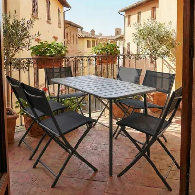 Produktbild von VCM 7-teilig Balkonmöbel Set, Gartentisch 110x55 cm mit 6 Klappstühlen, Metall & Textilene, wetterbeständig, platzsparend für Balkon & Terrasse, Sumila