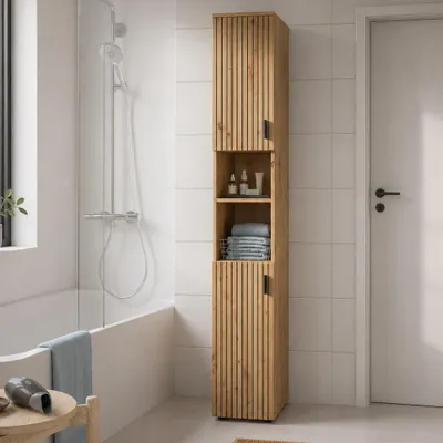 Produktbild von Badezimmer Hochschrank mit 30 cm Breite in Eiche, gerillte Fronten, 2 Türen & 1 offenes Fach - MACKAY-158