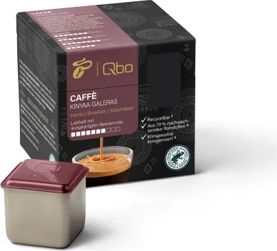 A box of Tchibo Qbo coffee capsules and one capsule.