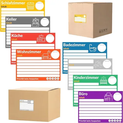 Imagen del producto de Etiquetas adhesivas para mudanzas, 80 unidades, 14,8 x 10,5 cm, de colores, para cajas