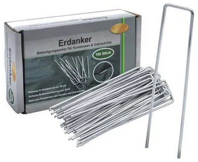 Obrázek produktu pro Kovové zemní kotvy - Kotvy pro umělou trávu - Sada pro upevnění (100 kusů) - Stříbrné - Kolíky pro stan a zahradu - Upevnění do země