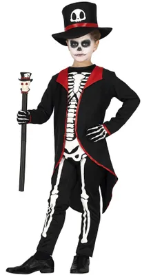 Productafbeelding van Skelet Halloween kostuum, kinderhoed, magisch ontwerp, maskerfeest, tovenaar, klassieker voor de nacht, lange mantel, griezelplezier, mysterieus outfit, onverwachte verrassing. Maat: 110/116. Kleur: zwart
