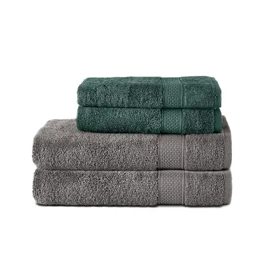 Produktbild von Komfortec 4er Handtuchset aus 100% Baumwolle, 2 Handtücher 50x100 cm und 2 Badetücher 70x140 cm Set, Frottee, Weich, Anthrazit Grau/Dunkel Grün