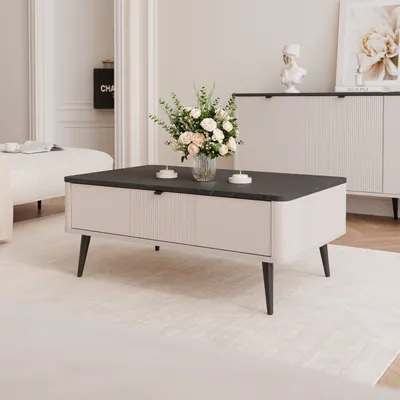 Produktbild von NAVANI Couchtisch mit Schublade eleganter Wohnzimmertisch mit schwarzem Metallgestell Kaffetisch Geriffelte schwarz Griff 100x60 cm Kaschmir + Steingrau