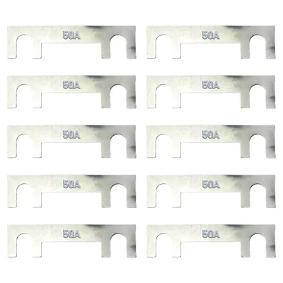 A top-down view of ten silver MTA strip fuses, each labeled '50A', arranged in two columns of five.