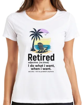 Productafbeelding van Gepensioneerd. Doe wat ik wil. Rente. Pensioen. Uitspraak. Sarkasme. Dames T-shirt, wit, maat M