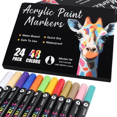 Produktbild von Acrylstifte 24er Set Doppelspitze 48 Farben Pinselspitze Wasserfest Starke Deckkraft