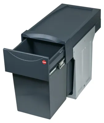 A pull-out waste bin system with one drawer open, revealing the bins inside.