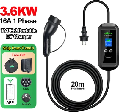 Zdjęcie produktu dla Przenośna ładowarka do pojazdów elektrycznych, maksymalna moc 3,6 kW, długość kabla 20 m, czarna, TYPE2