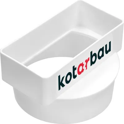 A white plastic adapter piece for ventilation systems, with a logo on the side.
