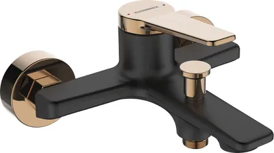 A black and rose gold bathtub faucet is shown against a white background.