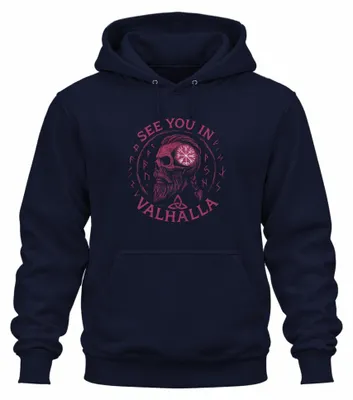 Imagen del producto de Sudadera con capucha uni, diseño "Vikingo", con motivos de cráneo, símbolo "Vegvisir", runas y nudo celta. Color azul marino, talla L