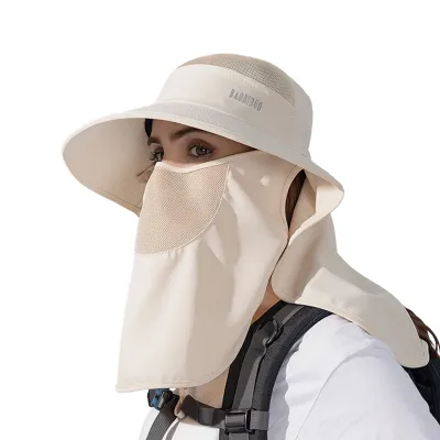 Produktbild von Damen-Fischerhut mit Gesichts- und Nackenschutz, breiter Krempe, luftdurchlässigem Netzgewebe, UV-Schutz, wasserdicht, ideal für Outdoor-Aktivitäten wie Camping und Reisen.