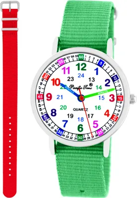 Produktbild von Kinder Armbanduhr Mädchen Jungen Lernuhr Kinderuhr uni 2 Armband grün + rot